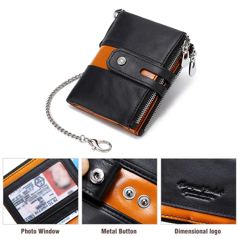 HUMERPAUL Genuine Leather Men's Wallet Fashion Quality Travel Purse Rfid Protect Credit Card Holder Wollst for Men with Chain