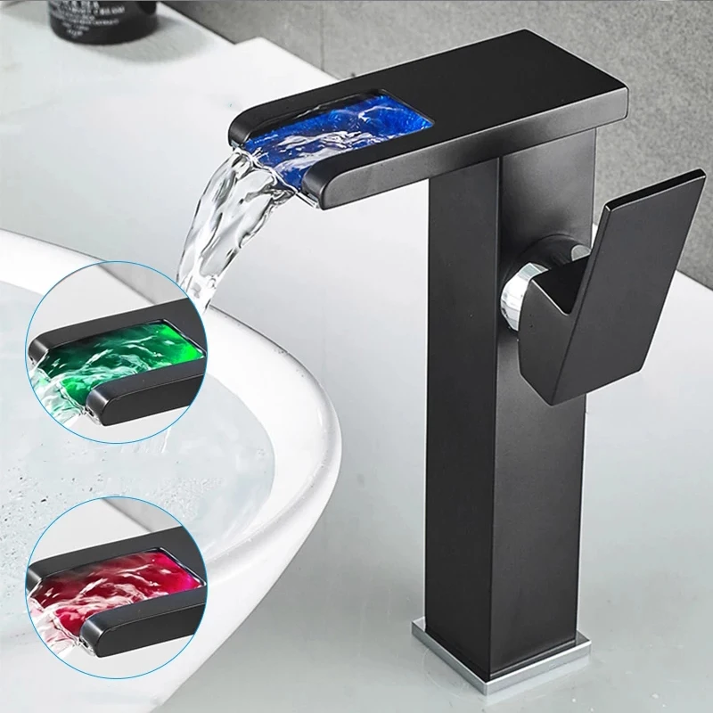 

Brass LED Waterfall Bathroom Basin Faucet Set Cold Hot Water Mixer Crane Sink Tap Color Change Powered by Water Flow Faucets