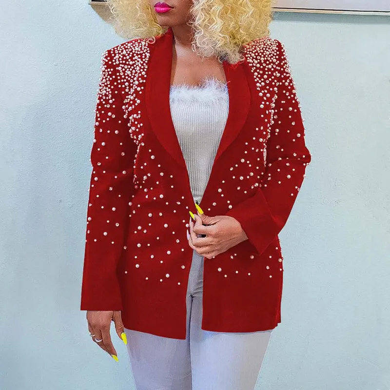 Newest 2023 Stylish Designer Beading Blazers Jacket Women's V-neck Long Sleeve Lapel Long Blazer Outwear