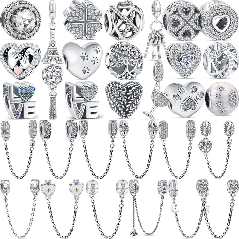 Браслет женский из серебра 925 пробы с бусинами в виде сердечек и лап |