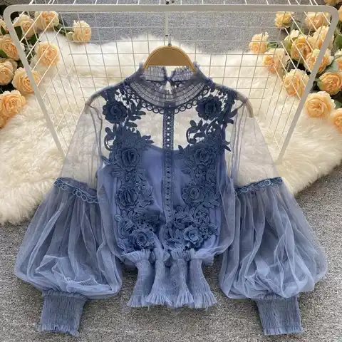 2023 Women Puff Sleeve Pleated Embroidery 3D Lace Flower Basic Ruffles Chic Shirt Lady Elastic Slim Mesh Gauze Voile Blouse Tops