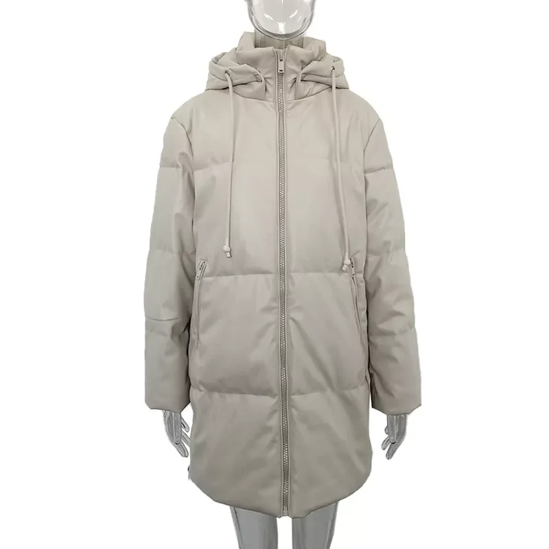 New2022 Loose Hooded Parkas Women Fashion Beige PU Leather Coats Women Side Zipper Split Long Cotton Jackets Ladies