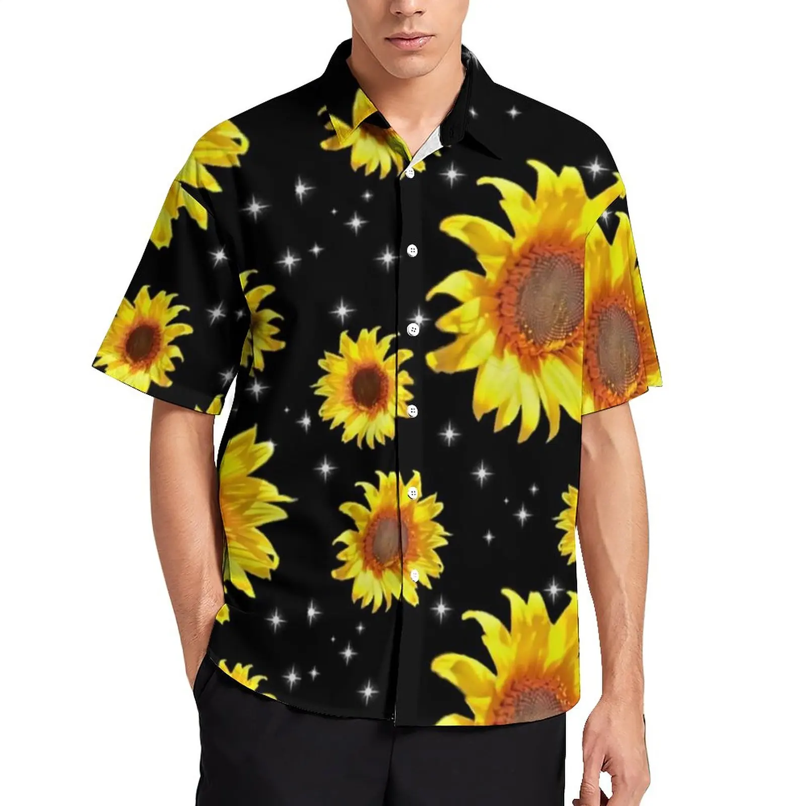 

Sunflower Art Blouses The Stars of Sunflowers Print Casual Shirts Hawaiian Short-Sleeve Graphic Fashion Oversized Vacation Shirt