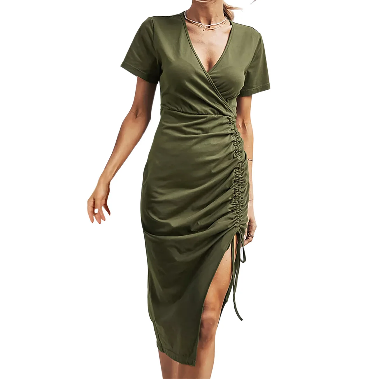 

Modern Design Pleated V Neck Short Sleeve Bodycon Dress Verano Vestidos Elegantes Para Mujer