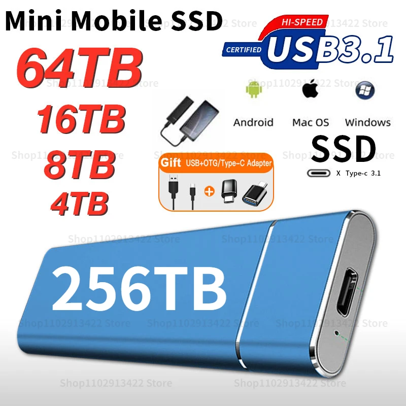 

High speed 256TB Mini Portable SSD 8TB 2TB M.2 External Mobile Solid State Drive USB3.1 Hard Drive Original For Laptop PS5 PS4