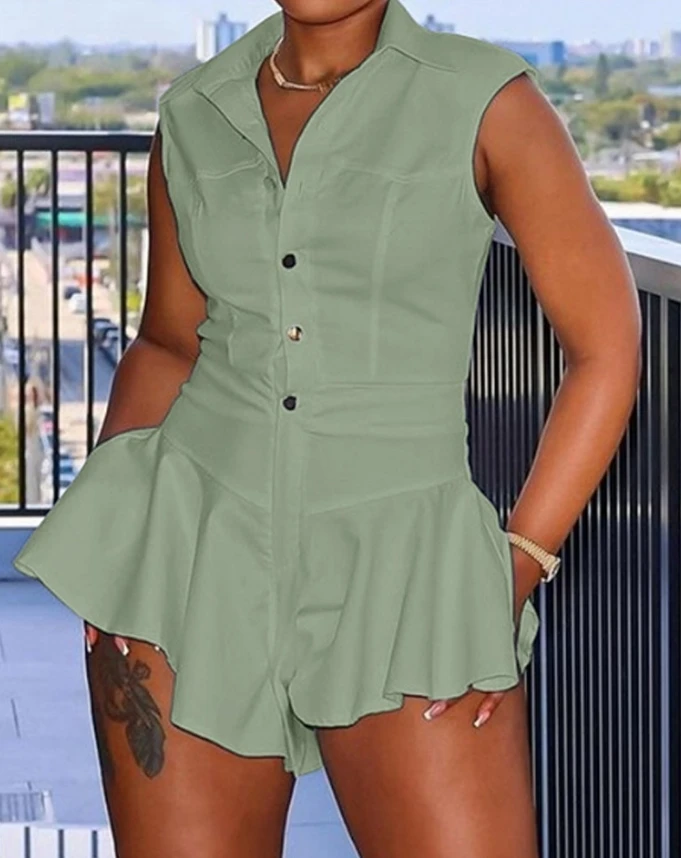 Женский Повседневный комбинезон на пуговицах однотонный без рукавов с отложным