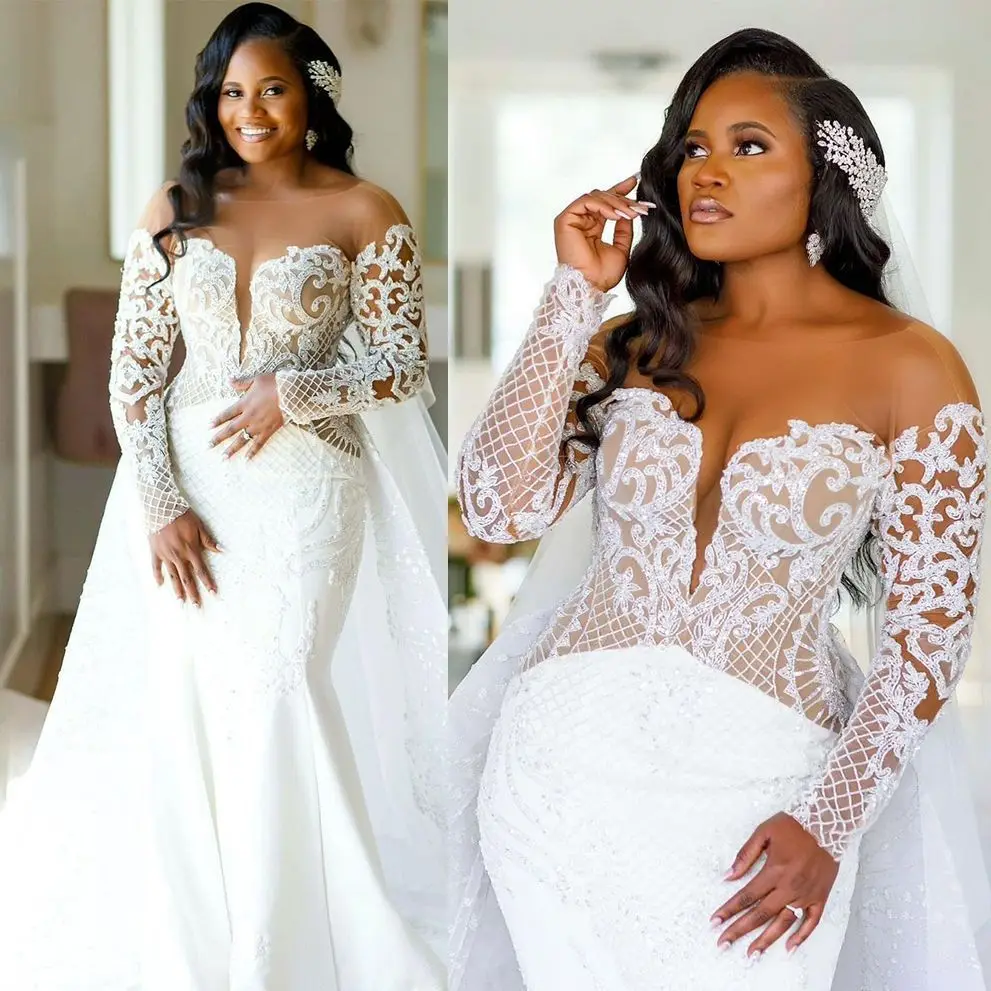 

Sexy Mermaid Wedding Dresses with Overskirts Illusion Jewel Neck Long Sleeves Lace Appliques Plus Size Country Bridal Gowns