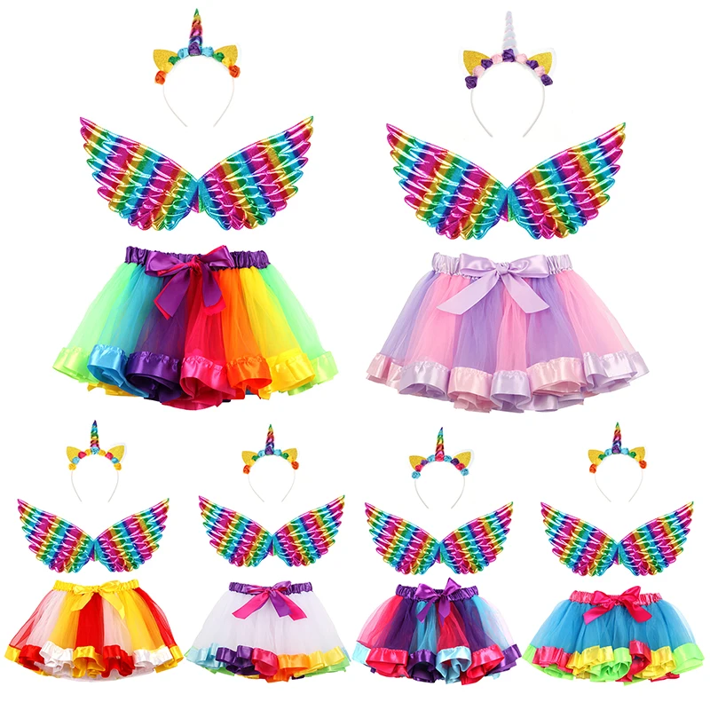 

Girls Rainbow Color Unicorn Princess Costume Fancy Kids Headband + Wing + Mesh Tutu Dress Children Purim Carnival Cosplay Outfit