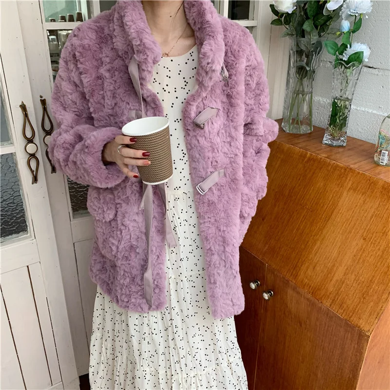 2022 Ladies Fashion Casual Warm Thick Jacket Mid-length Faux Lamb Fur Jacket Loose Winter Bandage Ladies Furry Faux Fur Jacket