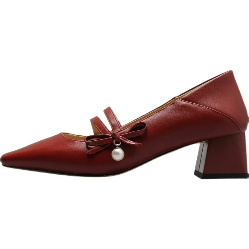 

Square Lady Middle Heel Thick Bow Pearl Mary Jane Shoes Woman 2022 Spring Autumn Wedding Shoes for Woman