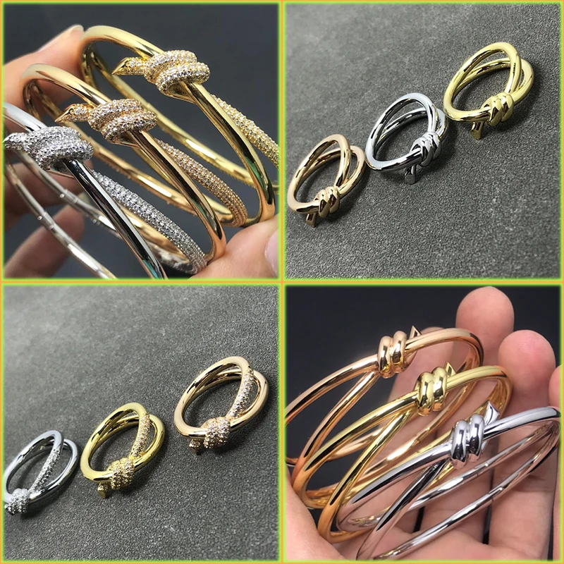 

Tiff Necklace 2023 New 925 Sterling Silver 1:1 High Quality Classic 18k Rose Gold Women's Earrings Ring Double Row Hinged Bangle