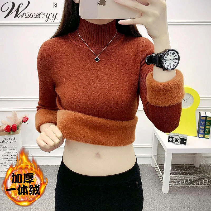 

Женский кашемировый свитер с ложным воротником, однотонный трикотажный пуловер с флисовой подкладкой, повседневный джемпер в Корейском ст...