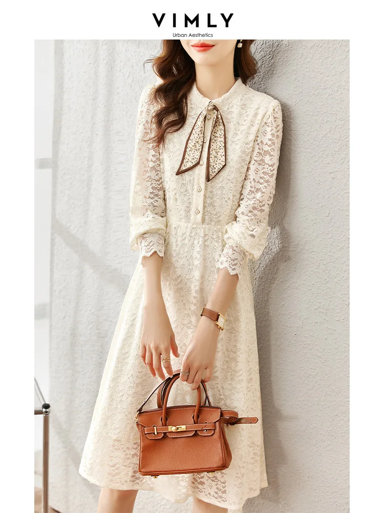 Vimly French Style Lace White Dress for Women 2023 Spring A-line Scarf O Neck Slim Hollowed Out Elegant Party Midi Dresses V7692