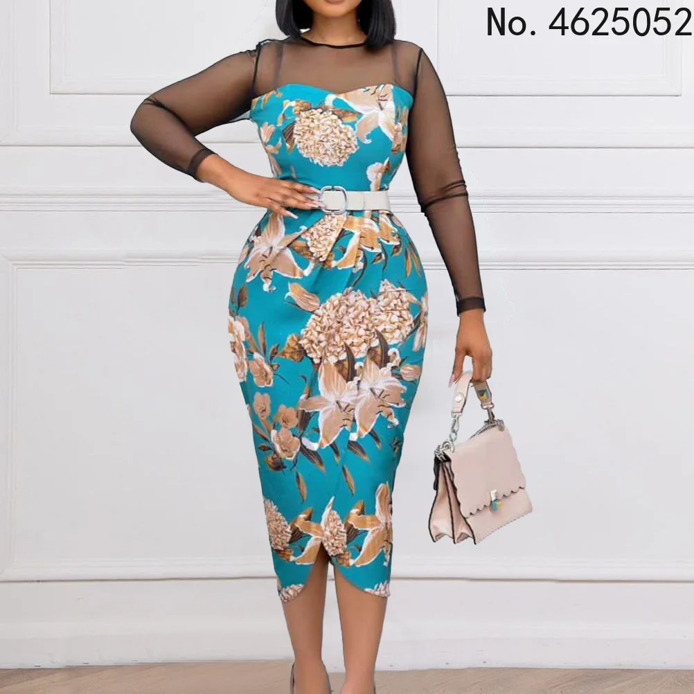 

2022 African Dresses for Women New Fashion Mesh Long Sleeve Dress Sexy Office Ladies Clothes with Belt African Clothes Women
