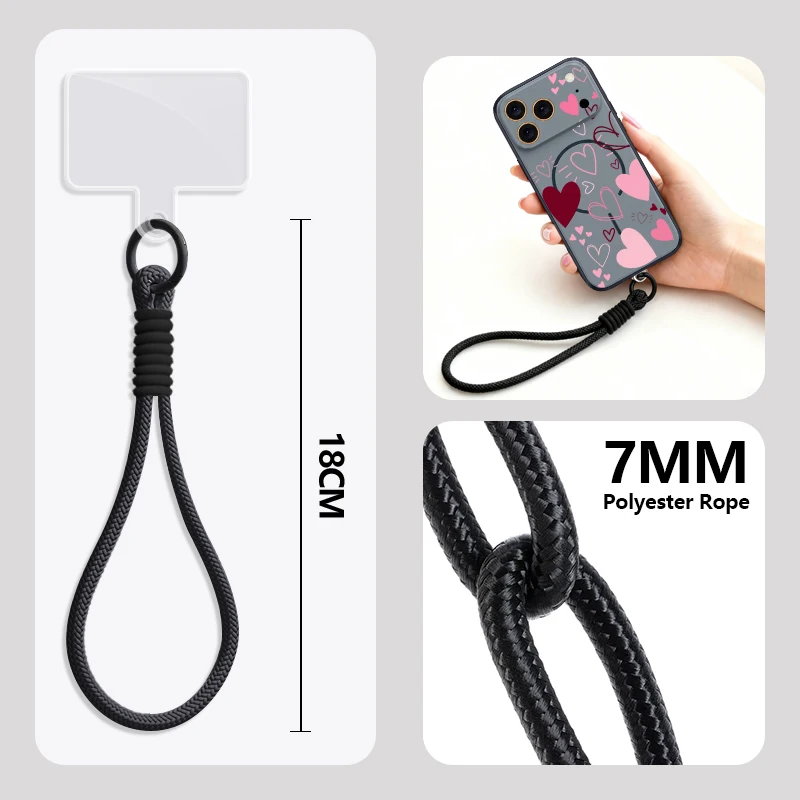 Магнитный чехол для телефона с узором в виде сердечек для iPhone 17, 16 Pro, 15, 14, 13 Pro Max, совместимый с MagSafe, с ремешком на запястье и жесткой задней крышкой из поликарбоната (art.: 3920dbbdeba08) - 3920dbbdeba08