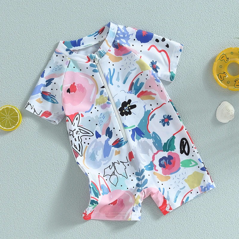 Toddler Baby Boy Girls  1-Piece Swimwear Rompers Short Sleeve Watercolour Print Zipper Bathing Suit Swimming Jumpsuits