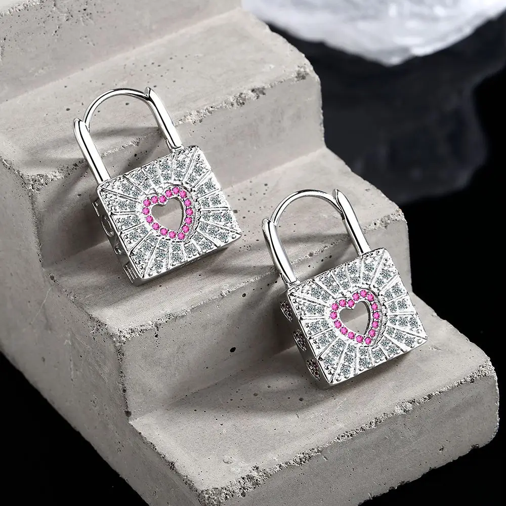 Red Zirconium Diamond Love Small Lock Earrings Hollow Love Simple Fireworks Peach Heart Ear Clips Earrings Earrings for Women