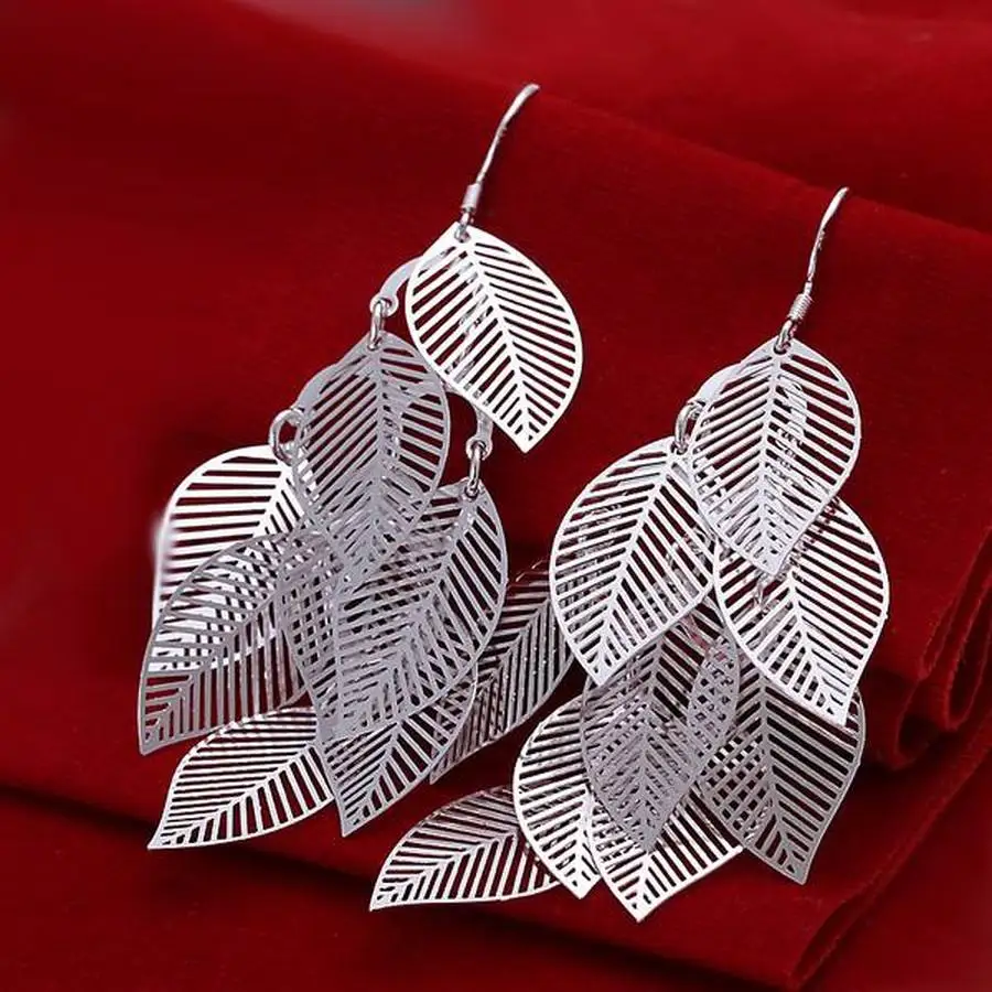 

925 Silver charms women cute wedding fashion beautiful retro long leaves Earring Jewelry free shipping factory price