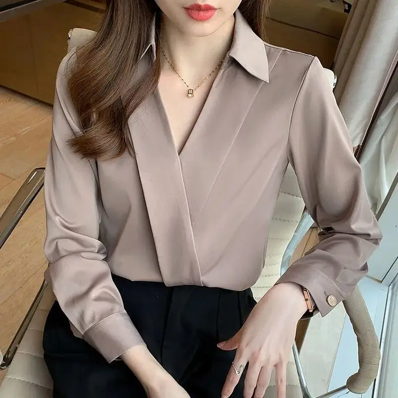 

V Neck Work Women Shirts Long Sleeve Solid Office Blouse Women Clothes Tops And Blouses Casual Shirt Korean BF Style Chic J07