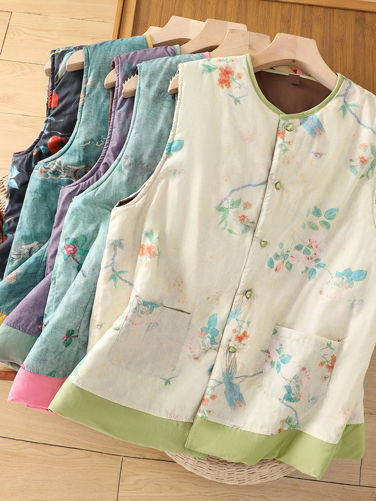 New Chinese Sle Buckle Quilted Vest Women 2024 Winter Retro National Zen Print Waistcoat Cotton-padded jacket Top