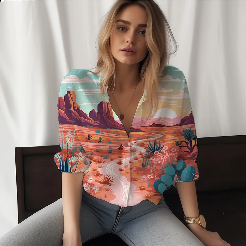 

Летняя новая женская рубашка с 3D-принтом в стиле пустынный пейзаж, женская рубашка, Повседневная стильная женская рубашка для отпуска, модная трендовая женская рубашка