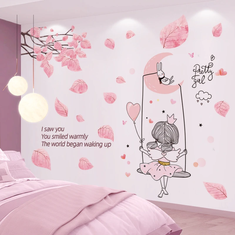 

[SHIJUEHEZI] Cartoon Girl Moon Rabbit Wall Stickers DIY Tree Leaves Mural Decals for Kids Rooms Baby Bedroom Home Decoration