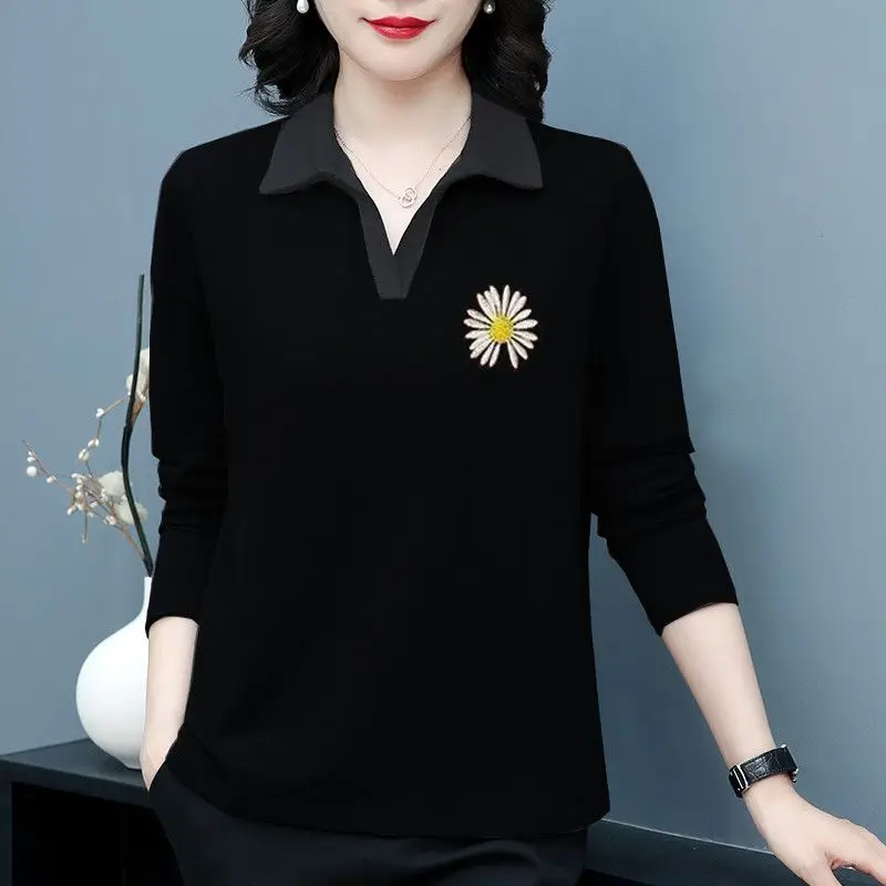 

2023 Spring and Autumn Women's Pure Cotton Long Sleeve T-shirt Loose Large Casual Polo Collar Solid Color Commuter Fashion Tops