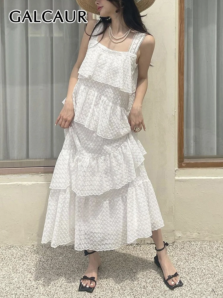 

GALCAUR Solid Elegant Dresses For Women Square Collar Sleeveless Off Shoulder High Waist Folds Loose Camisole Dress Female 2023