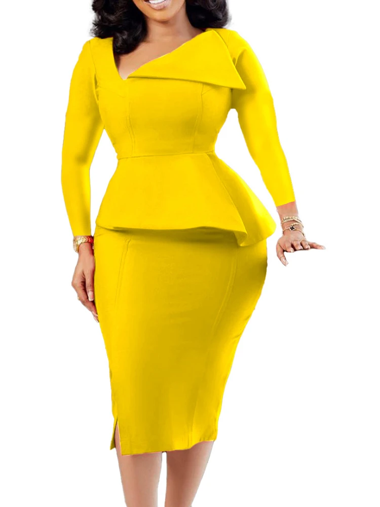 Plus size women dress new fashion inclined collar temperament elegant long sleeve dress for women