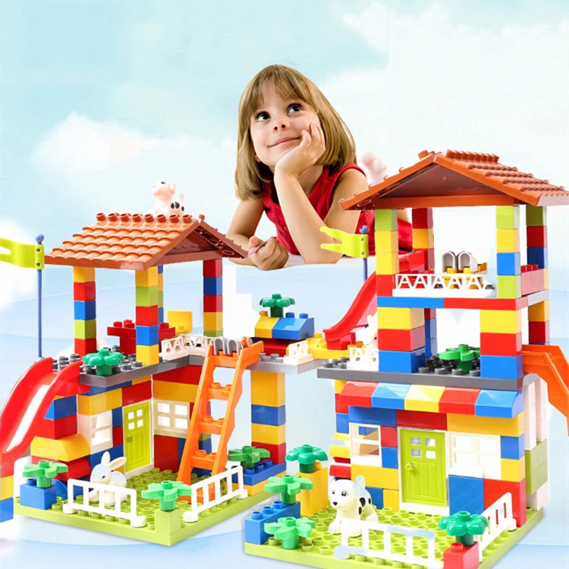 

89pcs Big Size Castle Slide Building Blocks toys Big Particle Roof Blocks Compatible Duploed City House Brick Toys For Children