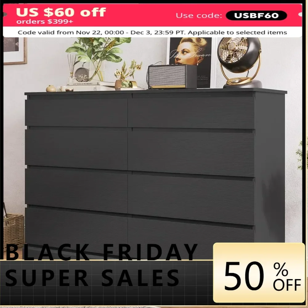 Черный комод для спальни длинный с 8 ящиками Деревянный Комод 51 5 дюйма шкаф