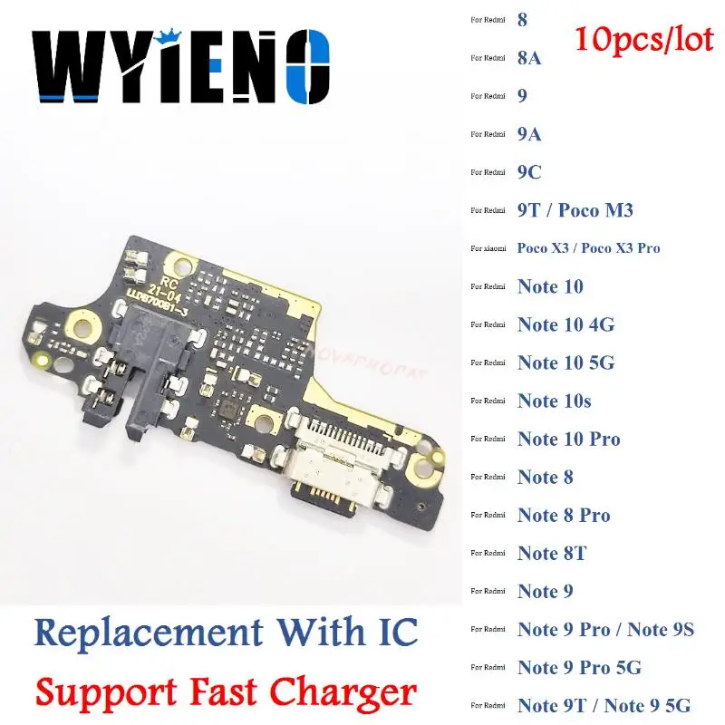 

10PCS For Xiaomi Redmi 8A 9A 9C Poco M3 X3 Note 10 5G 10s 8 8T 9S 9 9T Pro USB Dock Charging Port Fast Charger Flex Cable Board