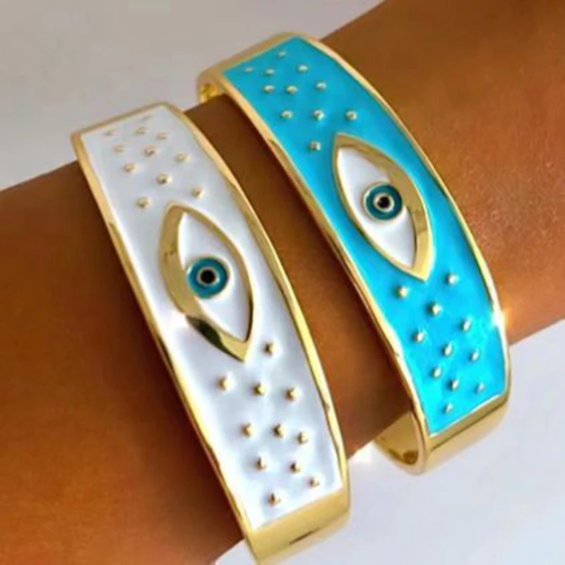 

Classic 18K Gold Color Stainless Steel Colorful Enamel Lucky Turkish Evil Eye Open Cuff Charm Bangle Bracelets For Women Jewelry