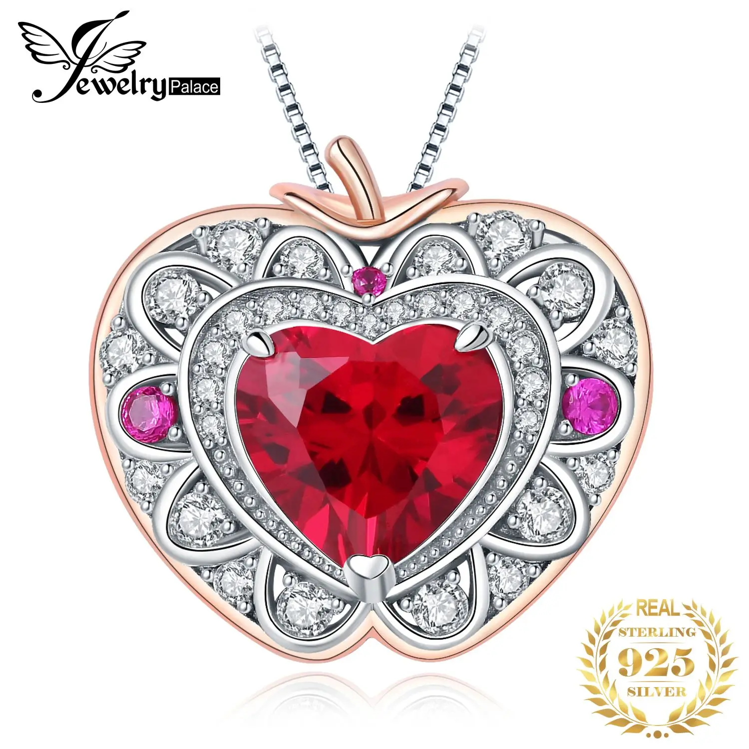 

JewelryPalace New Arrival Apple Heart 3.7ct Created Ruby 925 Sterling Silver Pendant Necklace for Woman Fashion Jewelry No Chain