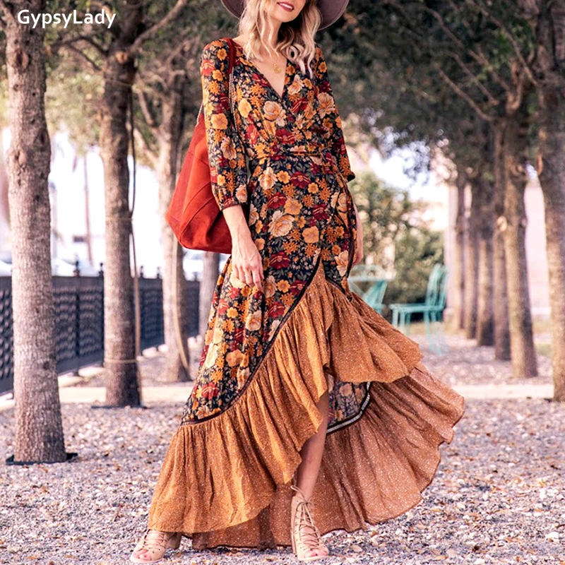 Женское винтажное платье макси GypsyLady осеннее с длинным рукавом и этническими