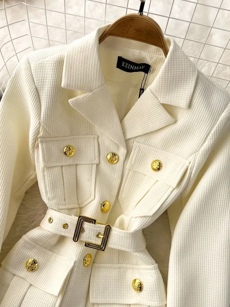 New Autumn Winter Outerwear Fashion Checkered Vintage Golden Buttons Pocket Women's Notched Collar Belted Blazers Jackets Tops