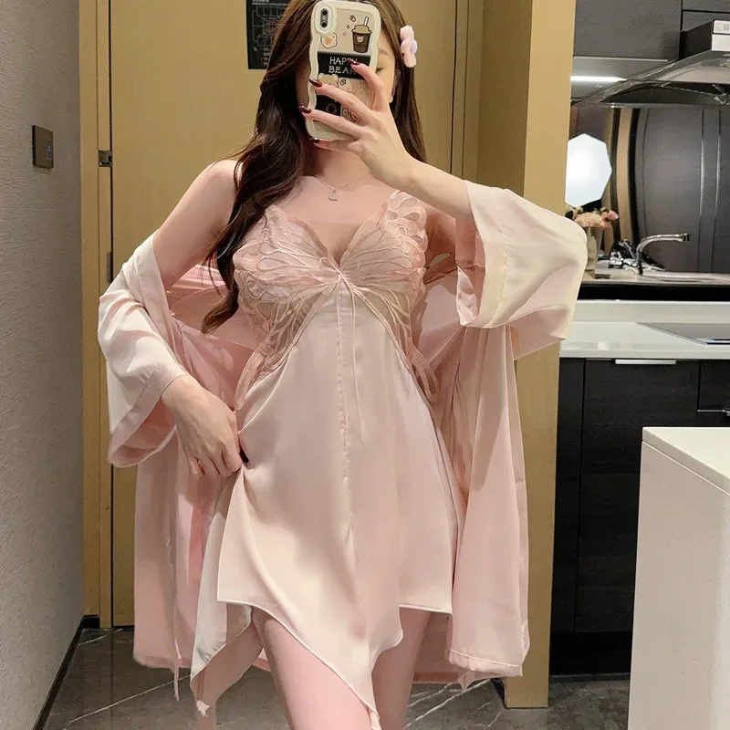 Халат женский из 2 предметов белый шелковый халат домашняя одежда кружевное