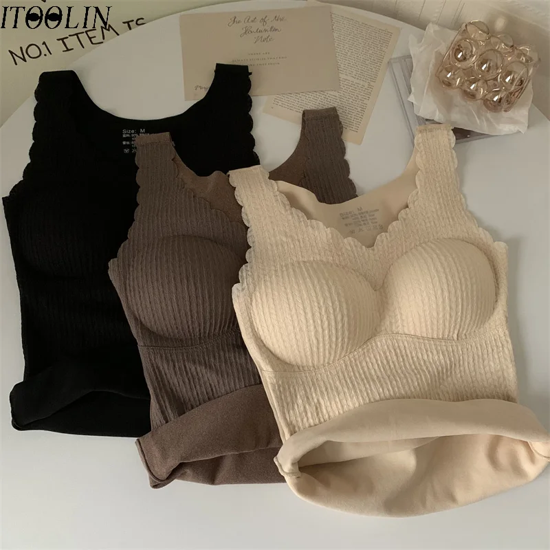 

ITOOLIN Winter Casual Women Warm Camis With Bra Pad Screw Thread Elastic Plush Thickening Slim Tops Sexy Tank Tops For Women