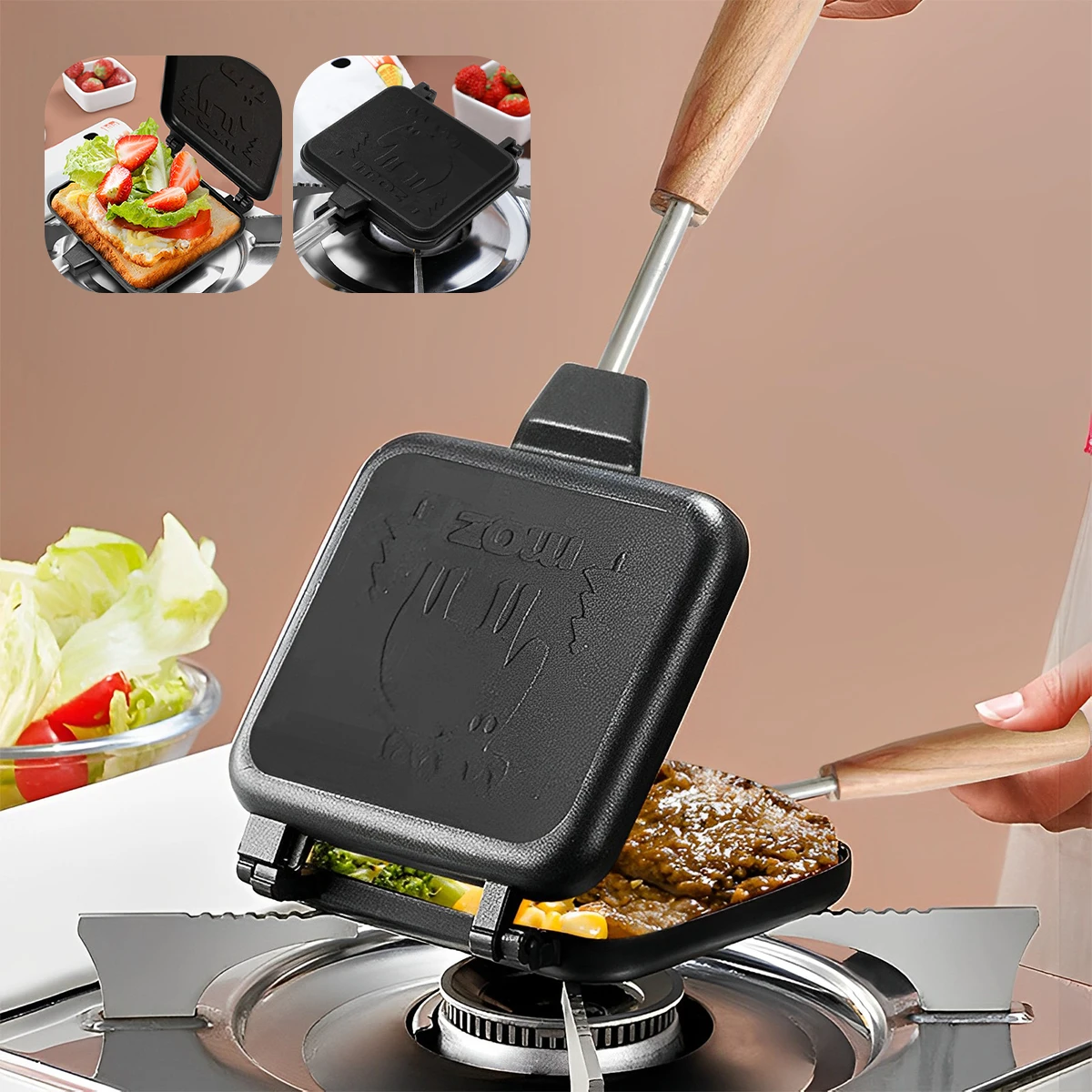 

Toasted Sandwich Maker with Wooden Handle Double Sided Sandwich Grill Pan Non-Stick Stovetop Toaster Portable Sandwich Maker