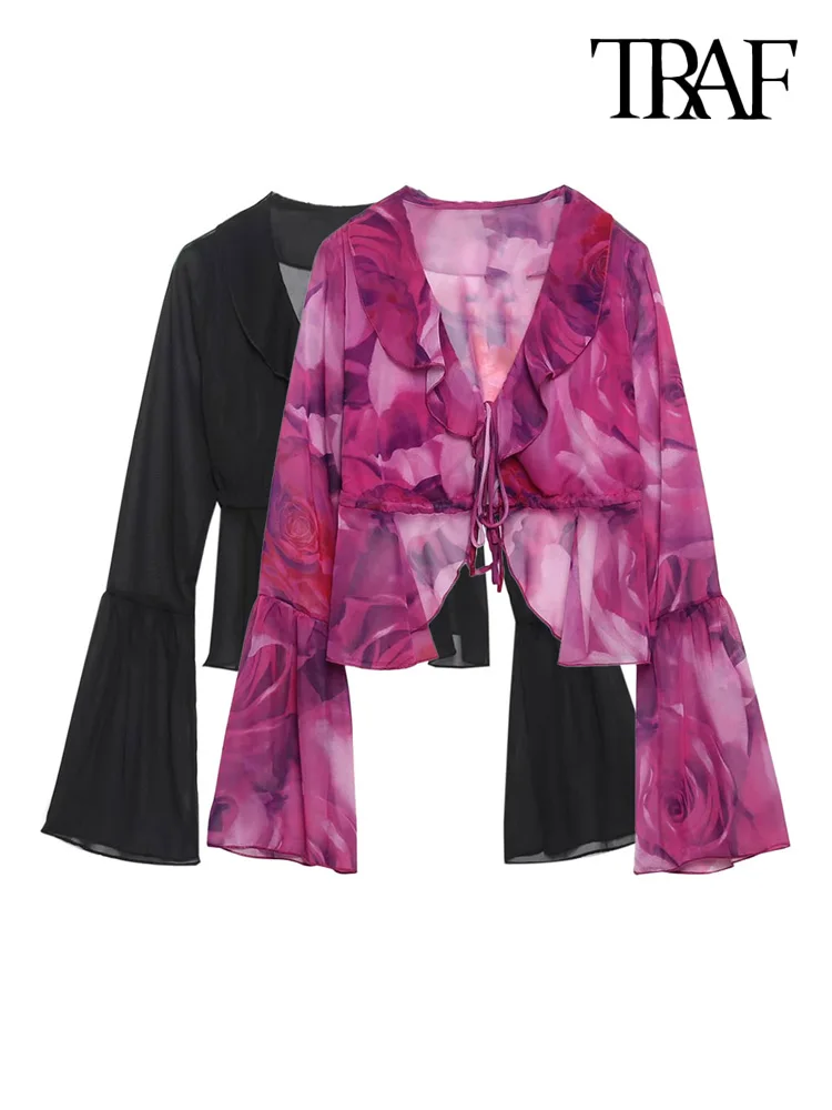 

TRAF Women Fashion With Ties See Through Ruffled Crop Blouses Vintage V Neck Long Flare Sleeves Female Shirts Chic Tops