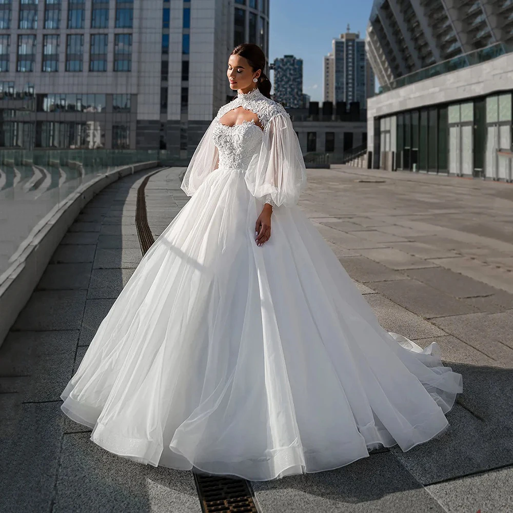 

Doymeny High Neck Wedding Dress Lace Appliques Bridal Gowns Puff Sleeves A Line Long Sleeves Wedding Gowns Robe de mariee 2024