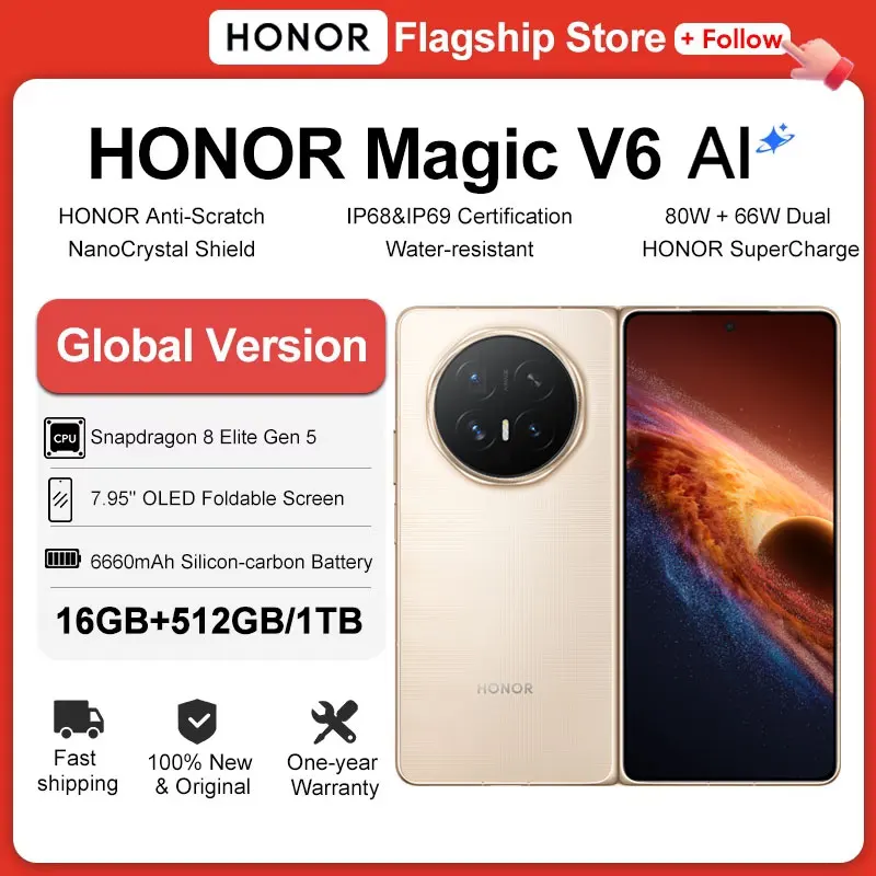 Фото Глобальная версия HONOR Magic V6 5G: Складной смартфон с процессором Snapdragon 8 Elite Gen 5, 7.95-дюймовым 120Гц LTPO OLED-дисплеем, аккумулятором 6660 мАч, быстрой зарядкой 80W+66W SuperCharge и NFC. №2