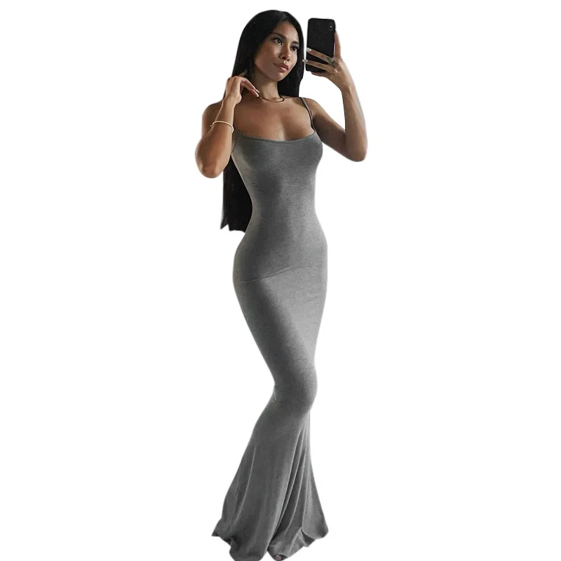 

2022 summer new women's suspender knitted long skirt casual sleeveless high waist elastic dress elegant tight A line skirt