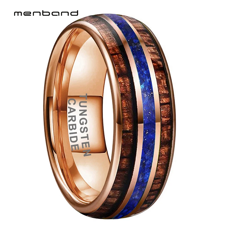 

8mm Rose Gold Tungsten Carbide Rings Engagement Wedding Band Blue-Lapis Koa Wood Inlay for Men Women Domed Comfort Fit