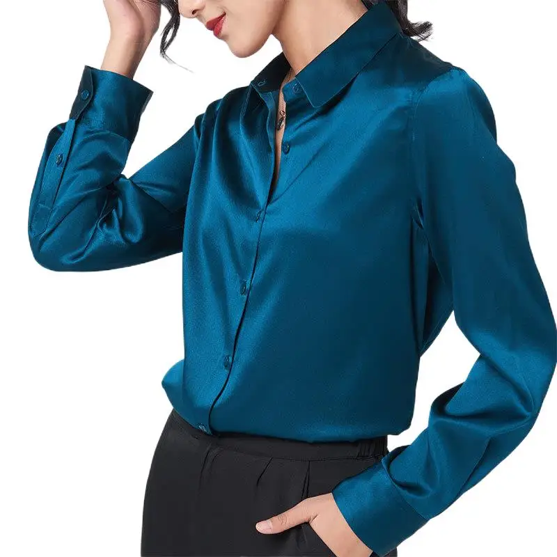 

Женская рубашка из натурального шелка, атласная рубашка с длинным рукавом, новинка, блузка из тутового шелка для женщин, свободная универсальная базовая рубашка, повседневный топ на весну