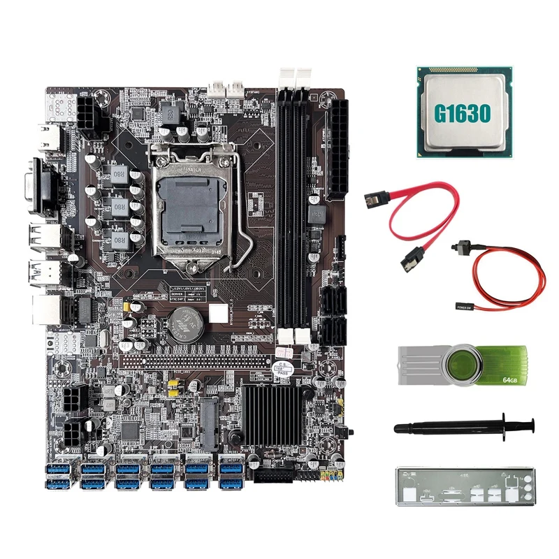 

B75 ETH Mining Motherboard 12USB3.0+G1630 CPU+64G USB Driver+SATA Cable+Switch Cable+Thermal Grease+Baffle For BTC Miner