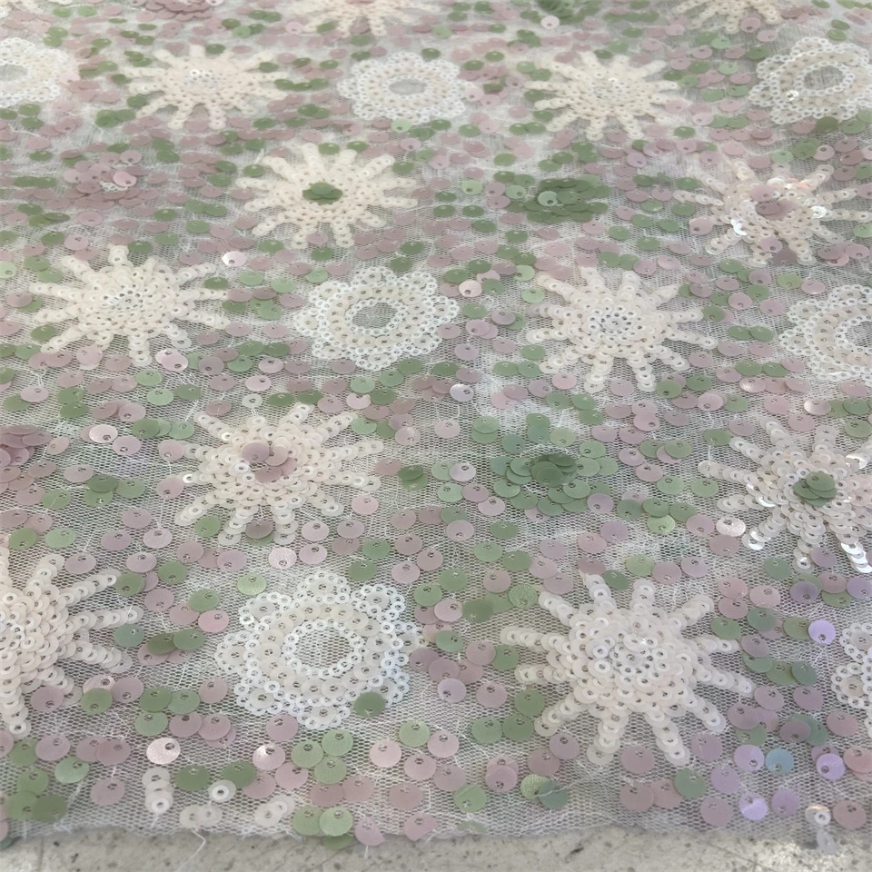 

DHF8303 Hot Sale Africa Lace Fabric High Quality Handmade Embroidery Net Lace with Multi Shining Sequins Party wedding Dress