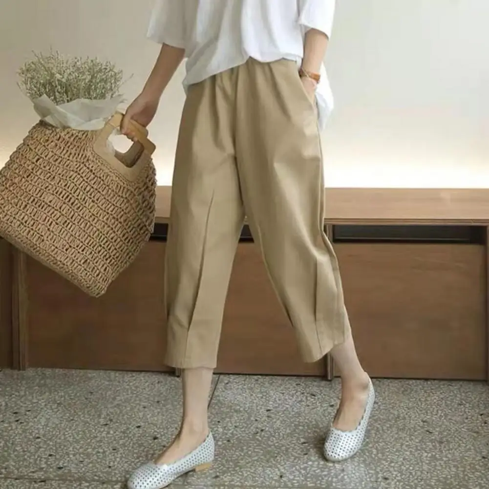 Women Pants Mid-rise Elastic Waistband Cropped Pants Pockets Thin Breathable Women Solid Color Harem Cropped Pants