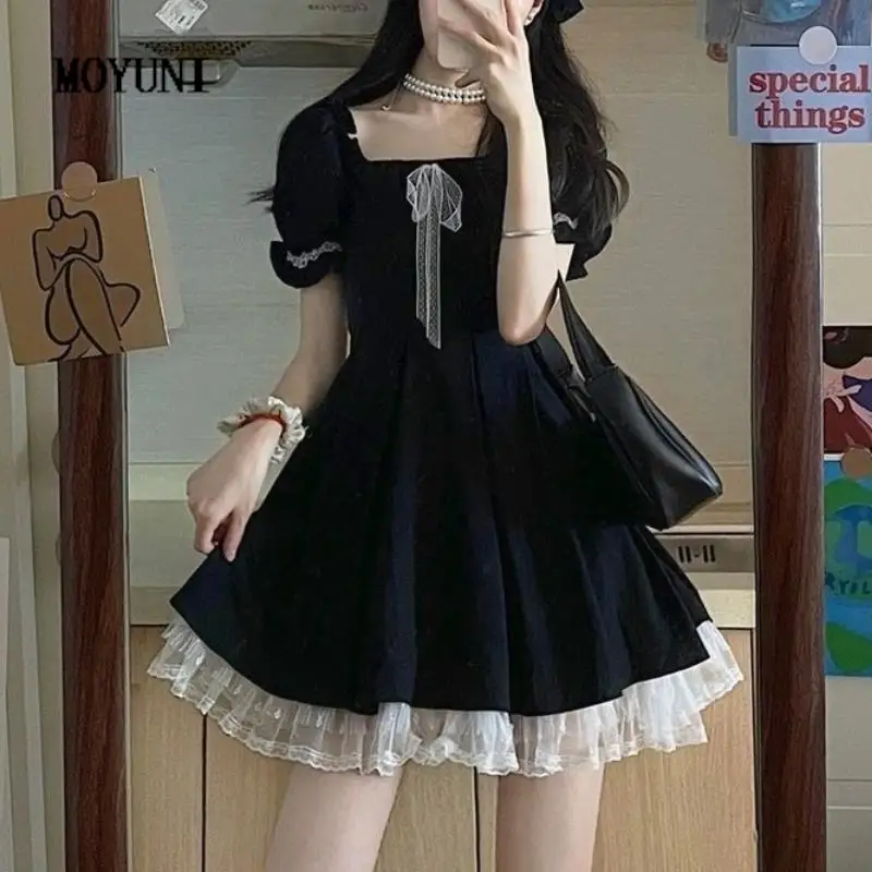 

Korean Casual Kawaii Mini Dress Women Lace Black Cute Elegant Party Dress Summer 2021 Puff Sleeve Ruffle France Vintage Clothing