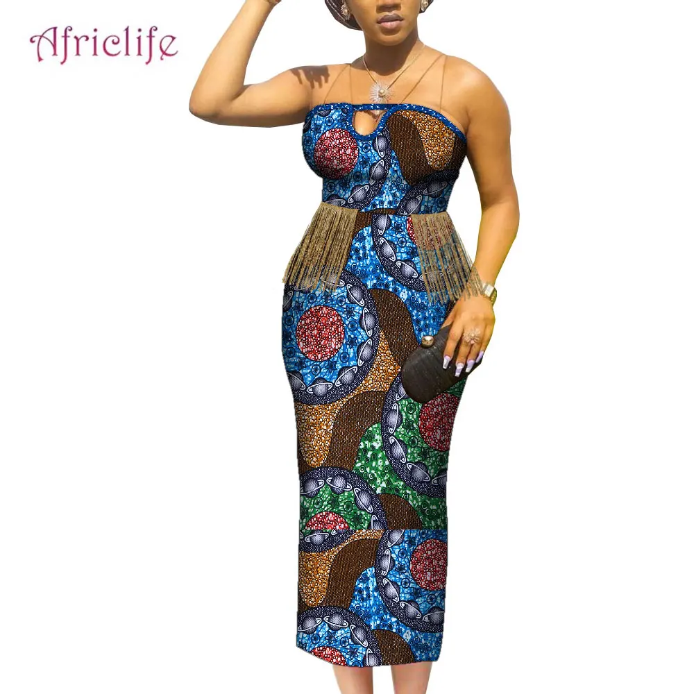 New African Dress For Women With Gliter Belt And Tassel Decoration Skirt Sleeveless Elegant Lady Party Clothes Plus Size WY9205